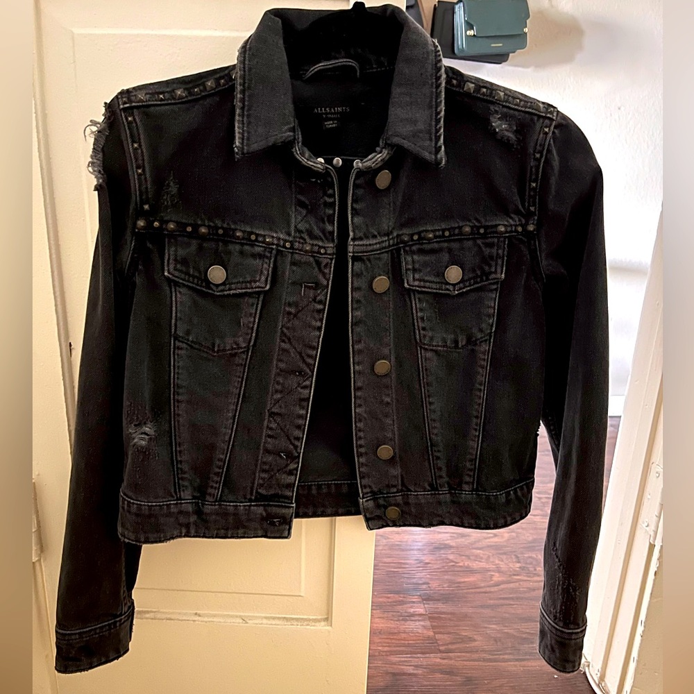 All Saints charcoal gray cropped denim jacket